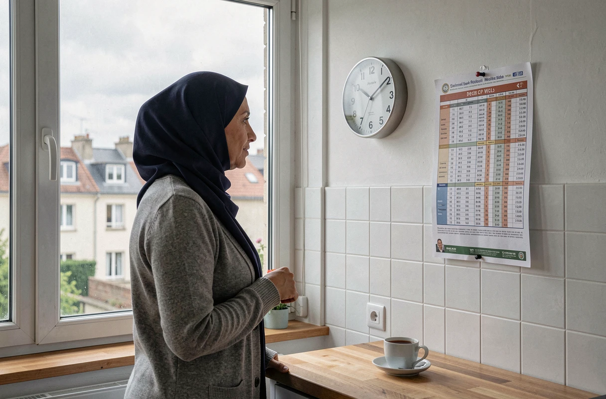 Femme en hijab consultant un tableau des heures de prière affiché dans une cuisine à Aulnay-sous-Bois