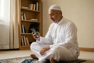 Homme musulman consultant l'horaire de prière sur son smartphone avec une application adhan à Aulnay-sous-Bois
