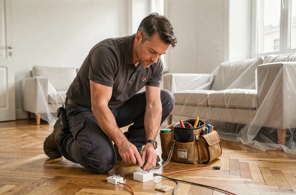 Technicien IBE câblant une prise électrique dans un appartement moderne