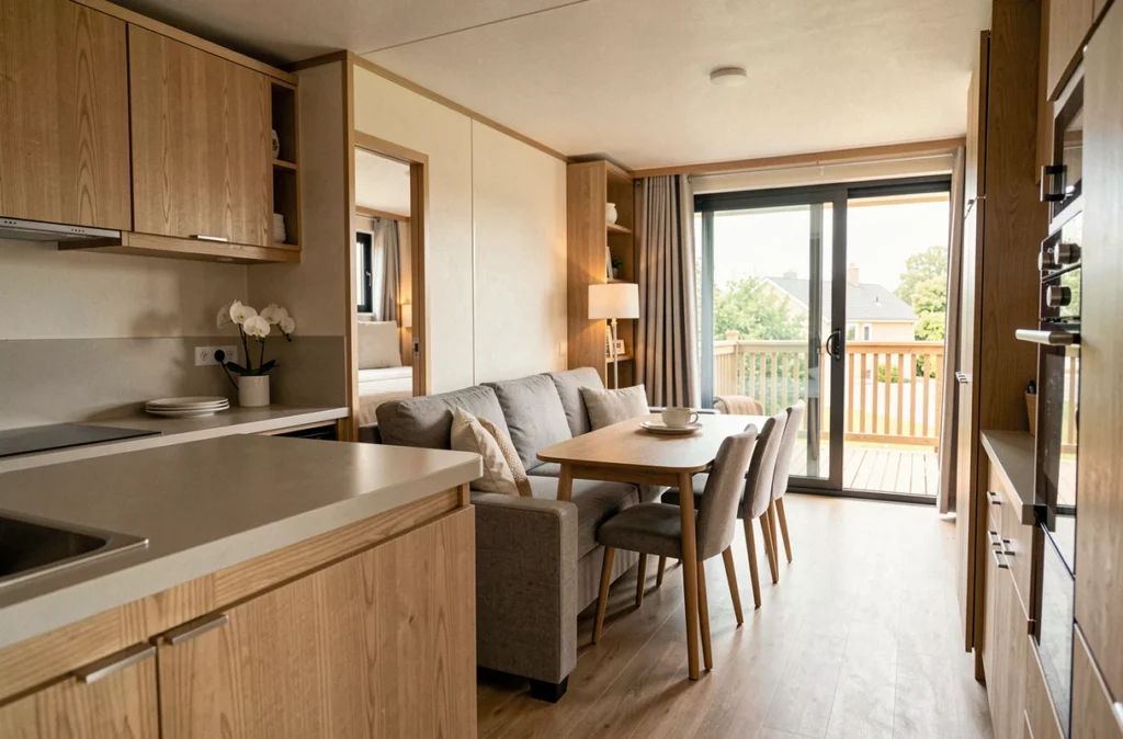 Intérieur spacieux et moderne d'un mobil-home français haut de gamme avec cuisine ouverte et salon aménagé