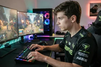 Joueur pro tryhard concentré devant son setup gaming avec pseudo affiché à l'écran