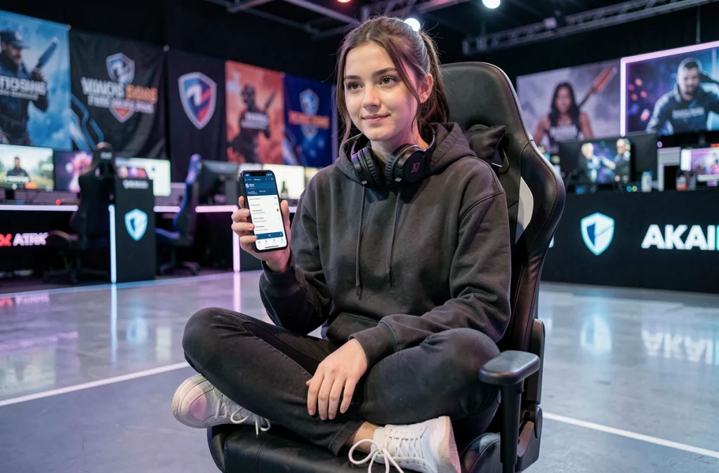 Joueuse esport utilisant un générateur de pseudo tryhard sur smartphone dans une arène gaming