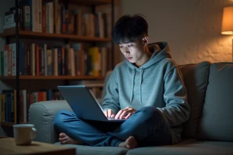 Jeune homme lisant du manga en ligne sur un ordinateur portable dans un appartement cosy avec des étagères remplies de mangas