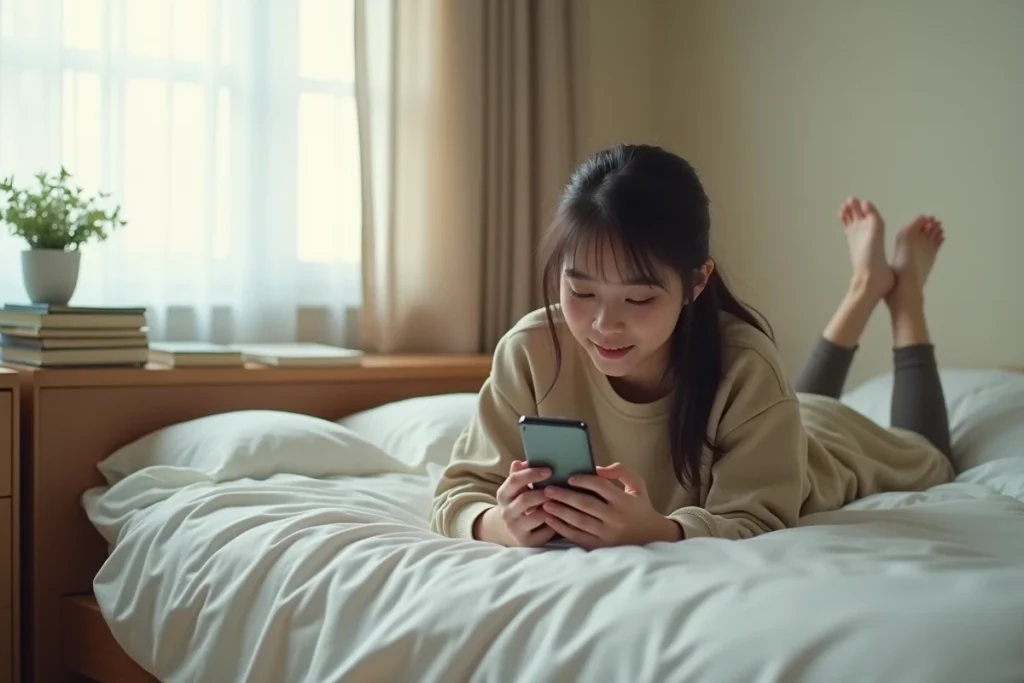 Jeune femme lisant du scantrad sur smartphone allongée sur son lit entouré de volumes manga et cahiers