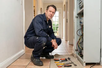 Électricien professionnel intervenant sur un tableau électrique dans une maison des Yvelines