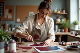 Femme mélangeant de la peinture rouge et bleue pour obtenir une couleur bordeaux sur une palette en céramique dans un atelier de décoration intérieure