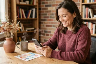 Femme souriante qui envoie un message d'anniversaire touchant sur son smartphone depuis un bureau en bois confortable