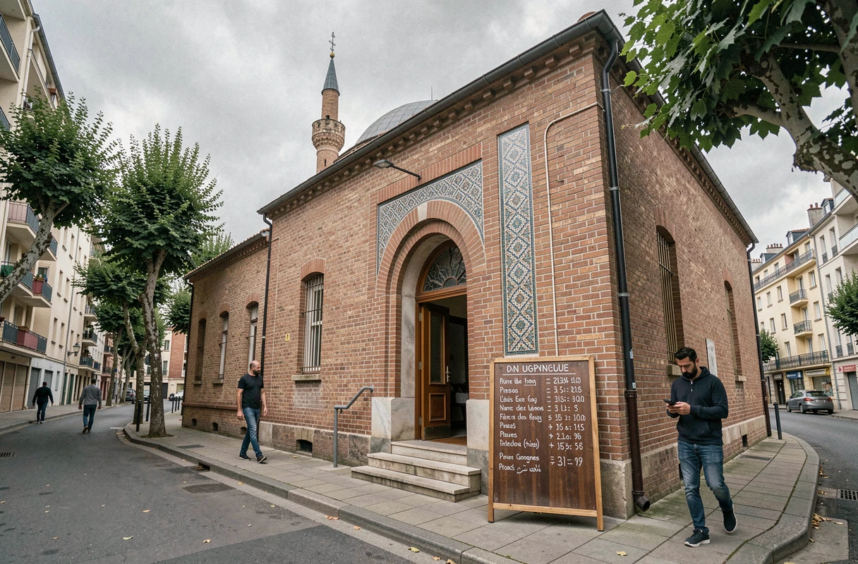 Façade d'une mosquée à Aulnay-sous-Bois avec tableau des horaires de prière affiché à l'entrée