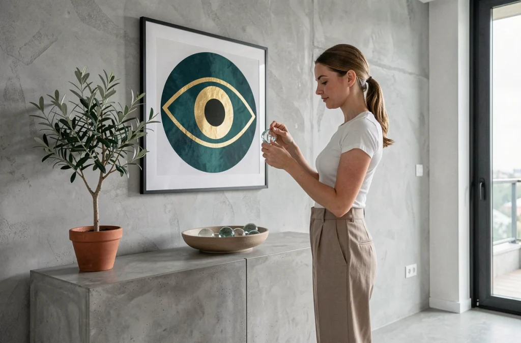 Jeune femme dans un appartement moderne tenant une amulette œil grec matiasma, décoration contemporaine inspirée de la tradition grecque