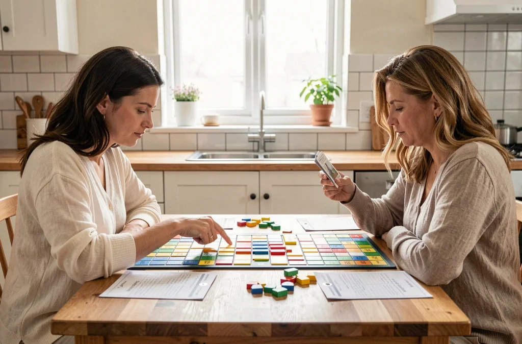 Deux femmes jouant une partie stratégique de Palmier Règle autour d'une table de cuisine avec cartes et jetons colorés