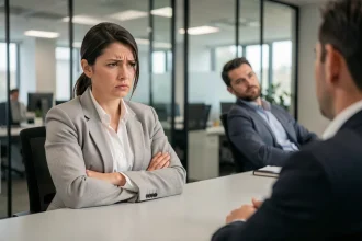 Femme ESTJ en situation de tension relationnelle au bureau face à un collègue distant et condescendant