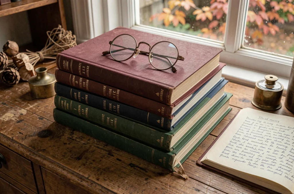 Pile de romans historiques sur un bureau en bois avec un journal de lecture et des lunettes vintage