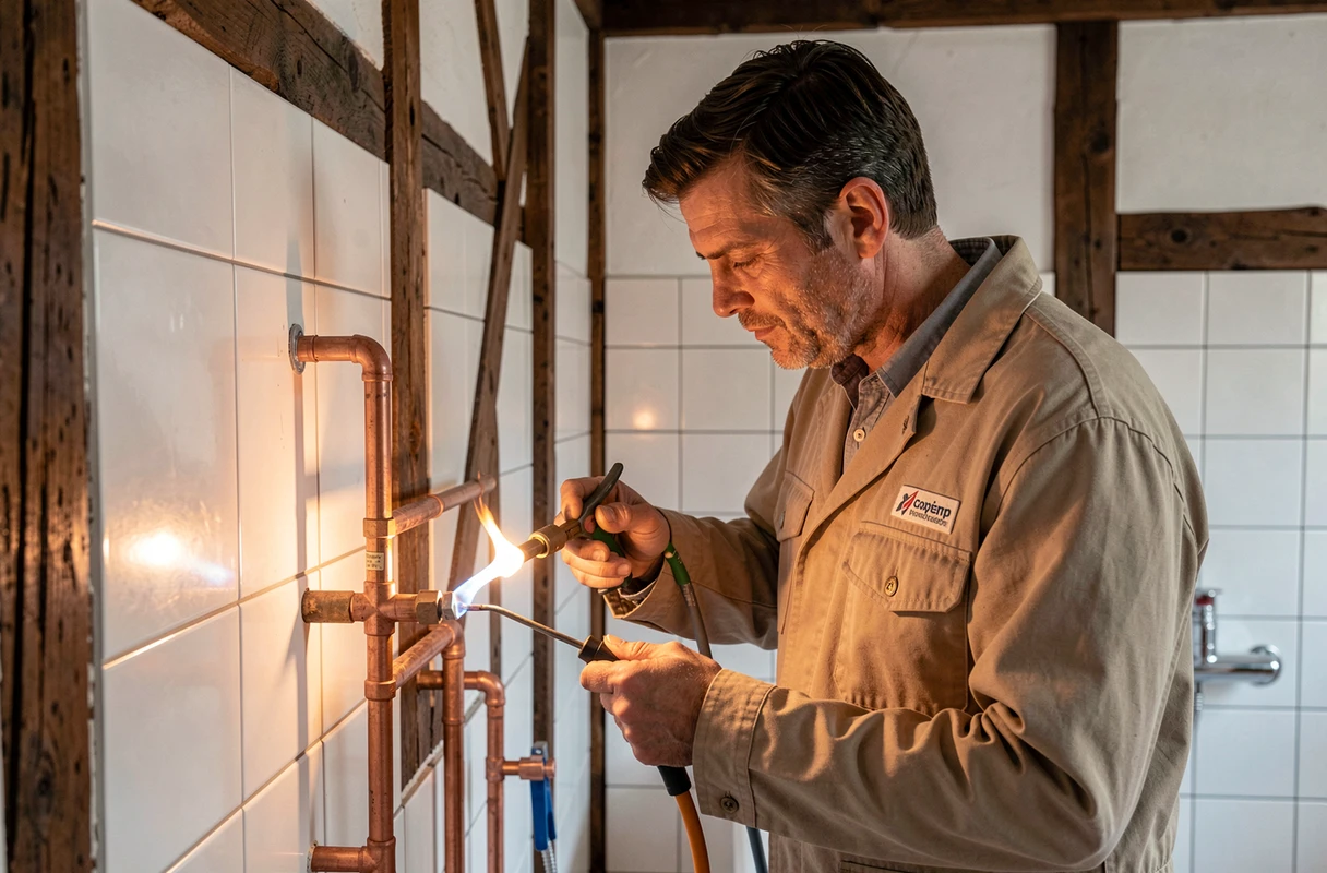 Artisan plombier de Plomberie Schott soudant des joints en cuivre dans une maison de Haguenau dans le Bas-Rhin