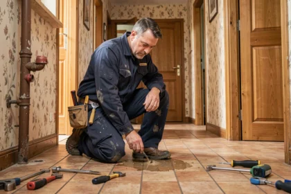 Plombier d'urgence intervenant dans une maison du Grand Est, avec ses outils et une fuite d'eau à réparer