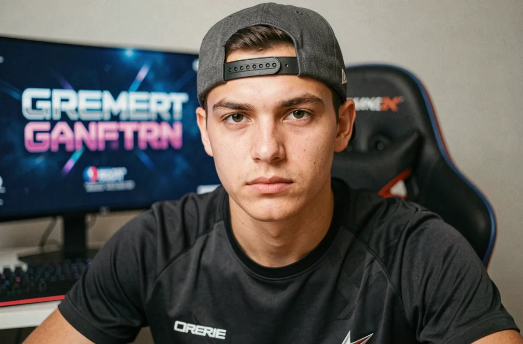 Portrait en gros plan d'un jeune joueur tryhard avec pseudo gaming affiché en arrière-plan flou
