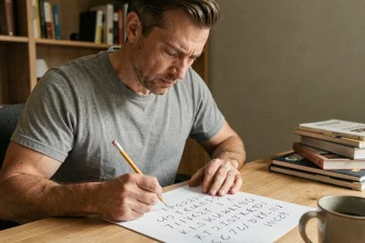 Homme concentré résolvant une grille de mots logiques au bureau avec papier quadrillé et crayon