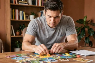 Joueur adulte planifiant une stratégie au jeu de société Palmier Règle avec des cartes et jetons sur une table en bois