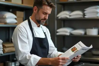 Traiteur indépendant consultant un catalogue fournisseur grossiste dans sa cuisine professionnelle