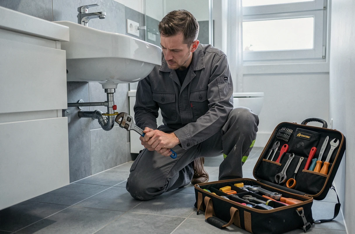 Technicien d'USCHE en dépannage plomberie sous une salle de bains moderne à Strasbourg