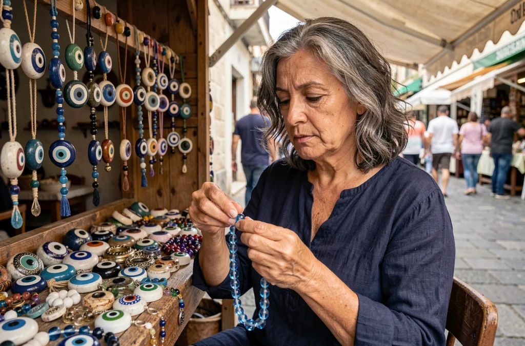 Femme grecque vendant des amulettes matiasma et porte-bonheur œil bleu sur un marché artisanal traditionnel