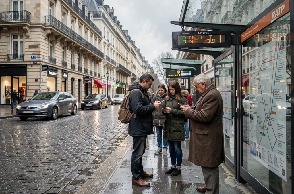 Voyageurs attendant un bus de substitution à un arrêt parisien pendant les travaux de la ligne 14